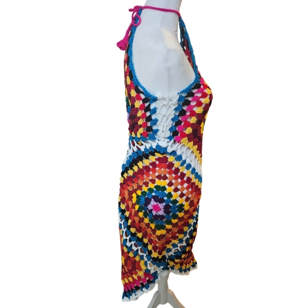 Sustainable Handmade Grannycore Crochet Dress Boho Festival Rainbow Cover-Up - Picture 5 of 17